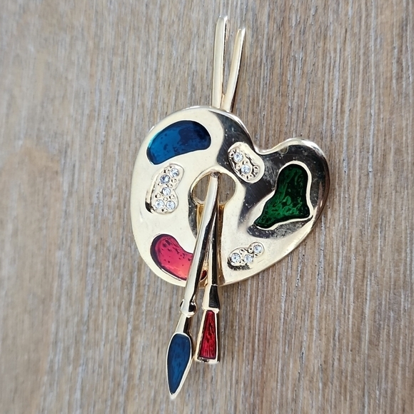Vintage Painter’s Palette Brooch – Enamel & Rhinestone Accents - Picture 4 of 4